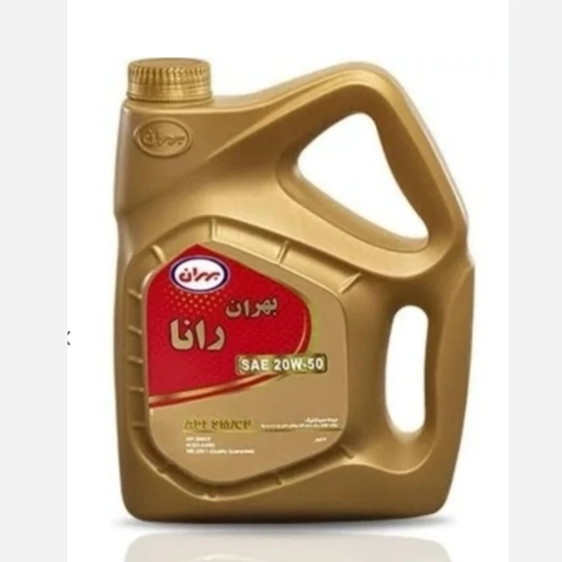 نمای نزدیک از برچسب روی گالن روغن موتور بهران رانا که نشان‌دهنده گرانروی 20W-50، استانداردهای بین‌المللی و سطح کیفیت SM/CF است